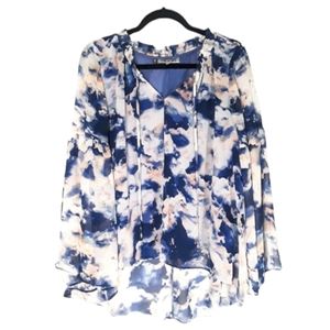 JENNIFER LOPEZ Blue Pink Watercolor Bell Sleeve Blue Cloud Print Top Small